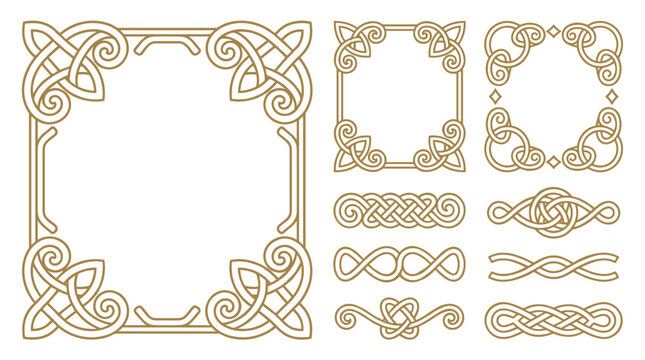 Set of gold celtic knotwork frames and decorative border elements, intricate interlacing patterns for historic invitations, heritage stationery