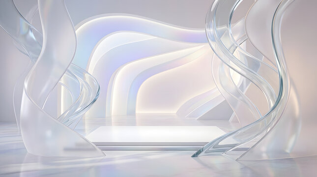 Futuristic white podium with iridescent translucent flowing waves for product presentation