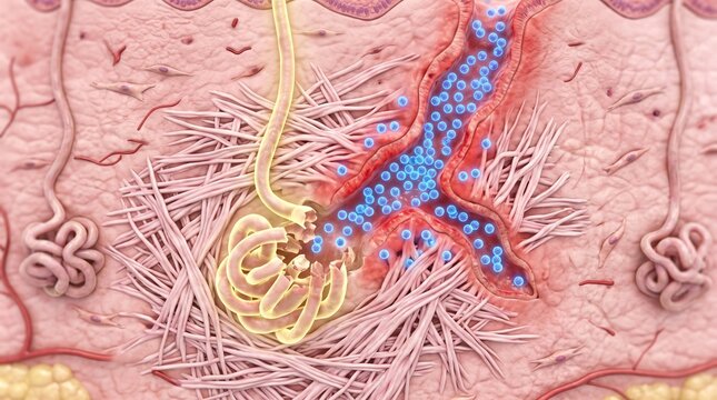 3D Microscopic Diagram of Apocrine Gland Inflammation and Sinus Tract Formation
