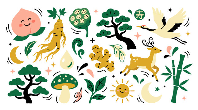 Set of lucky symbols including crane, deer, peach, ginseng, and bamboo elements representing longevity, prosperity, traditional wellness, nature