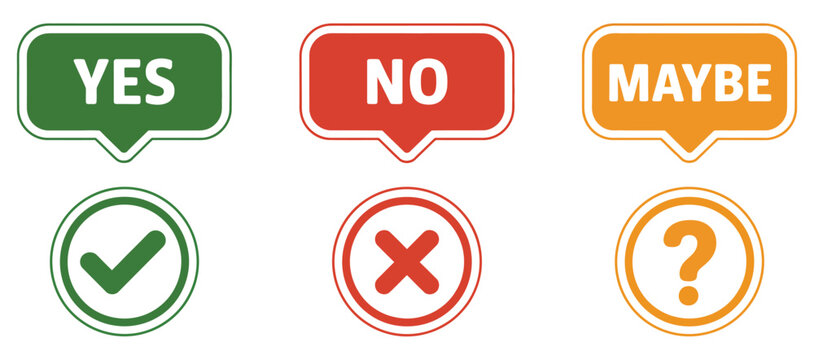 Yes, No, and Maybe Speech Bubble Icons with Check, mark, Cross, and Question Mark Symbols for Communication