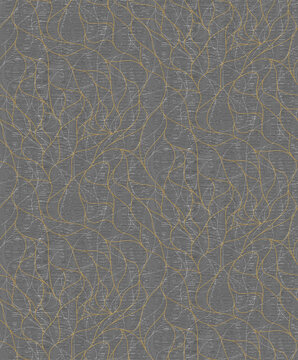 Seamless traditional texture with elegant gold embroidery lines intersecting on a grey background for a high-quality modern decorative design