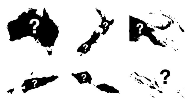 Set of black silhouette maps of Oceania countries with question mark icons representing unknown locations, geography study, travel mystery, border
