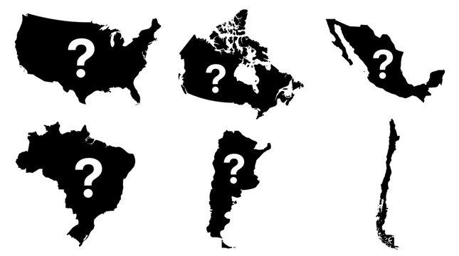Set of black silhouette country maps marked with question marks, representing geopolitical uncertainty, unknown territory, data missing, border