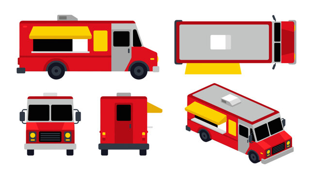 Set of red food truck illustrations in different viewpoints, side, top, front, and isometric perspective for urban street food delivery logistics