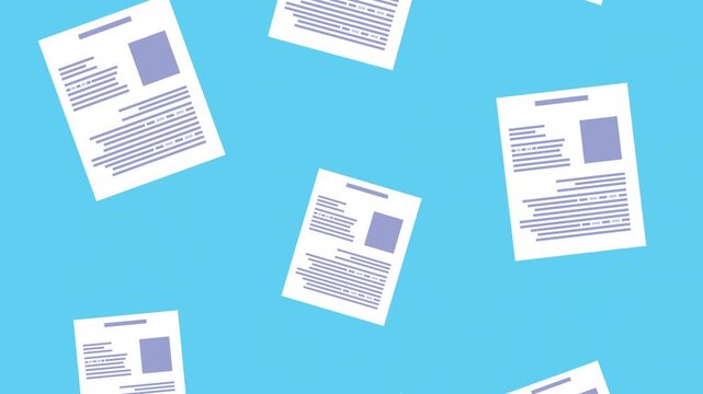 Animation of documents falling against a bright blue background representing information flow or data distribution.