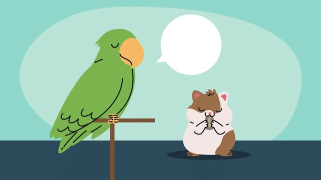 Cute green parrot sits on perch next to hamster eating food in animated background.