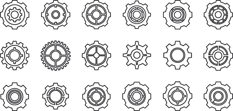 Set of mechanical gear and cogwheel icons in black outline style with gear icon
