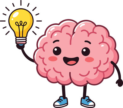 Cute pink human brain cartoon character holding a bright shining yellow light bulb for creative ideas
