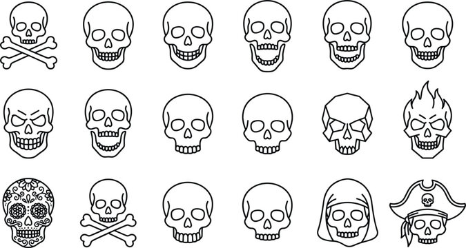 Halloween skull line icon set featuring crossbones pirate head spooky grin anatomy symbols and sugar dead design elements
