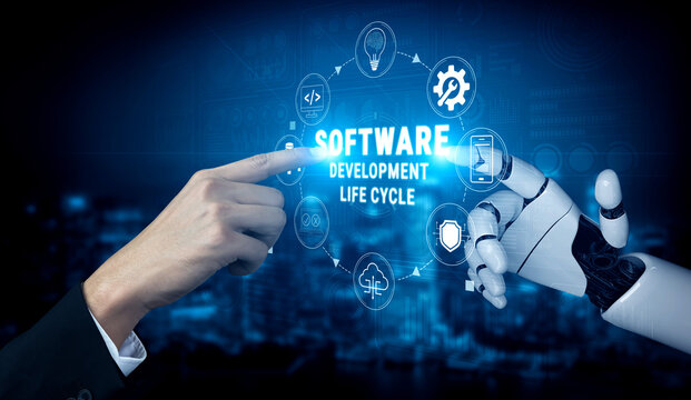Human Hand Interacting with Robotic Hand in Concept of Software Development Life Cycle in a Digital Interface Setting Quark.