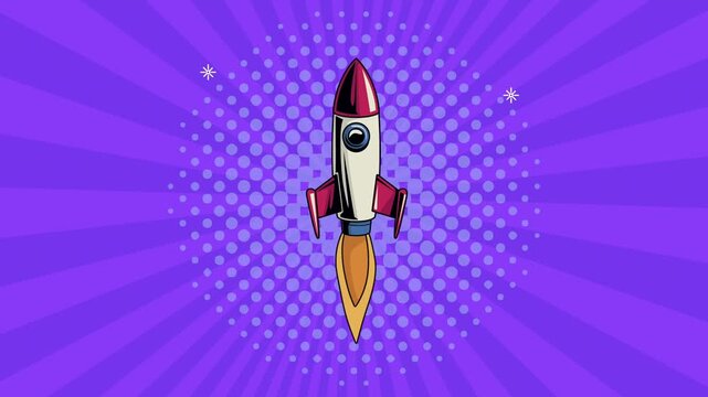 Cartoon rocket ship launches with fire and smoke against a vibrant purple sunburst background with polka dots.