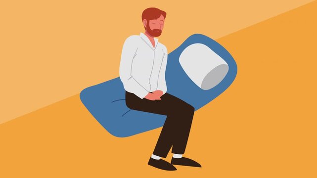 Animation of depressed man sitting on mattress suffering from insomnia and sleep deprivation symptoms.