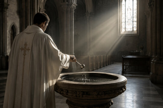 Priest in white robe blessing holy water at stone font, sanctifying ritual in empty church interior