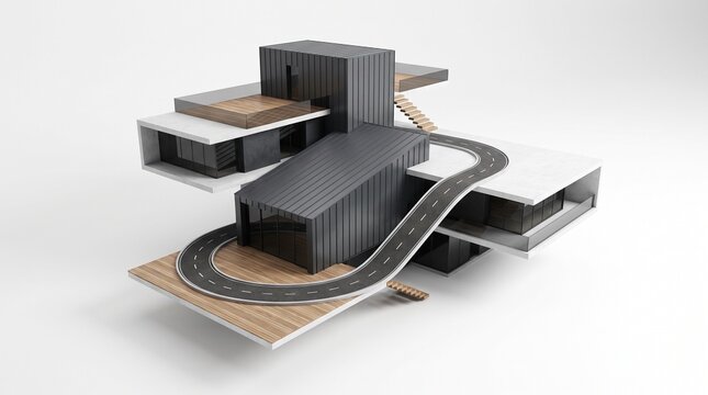 Futuristic Modular House Concept with Integrated Winding Asphalt Road, 3D Architectural Model Visualization on White Background