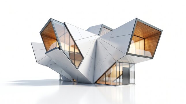 Modern Futuristic Geometric House Design White Faceted Exterior Isolated on White Background 3D Render Architecture Concept Design
