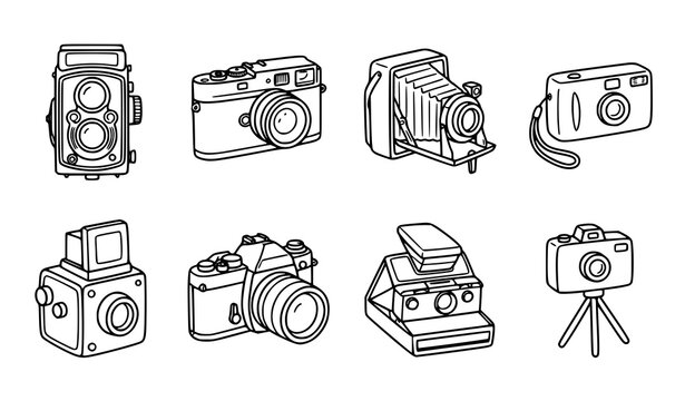 Retro and Modern Photo Camera Detailed Outline Icon Set with Vintage Equipment Objects for Photography Media Designs