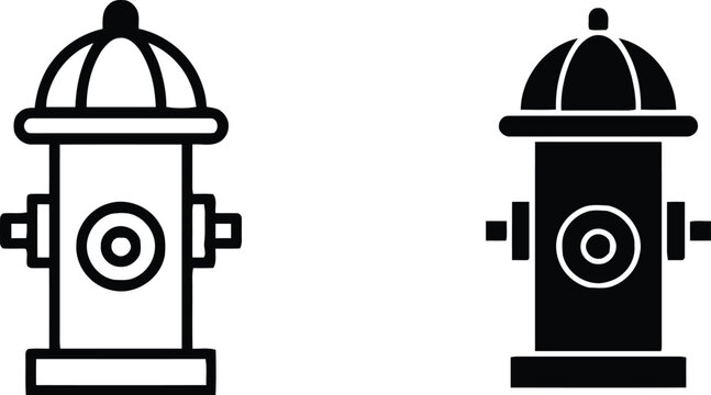 Fire, hydrant icon set with line and solid styles, black and white vector silhouettes, emergency water access symbol, firefighter safety, industrial safety illustration. Fire hydrant icon Illustration