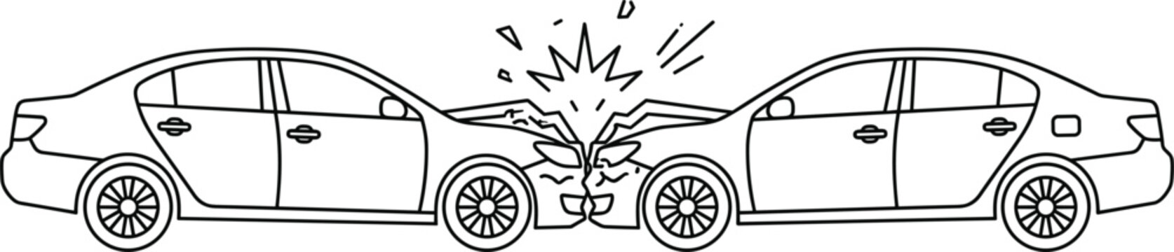 Two sedan vehicles colliding head on in frontal traffic accident showing car crash impact line art vector
