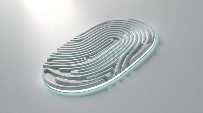 Futuristic biometric fingerprint scan symbol glowing on a light grey background.