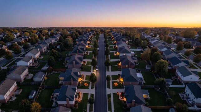 Aerial view of a suburban neighborhood at dusk with houses, illuminated windows, and streetlights along tree-lined streets under a warm sky.