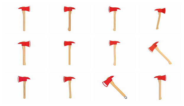 Collection of Red Firefighter Axes Isolated on White Background Vector Illustration