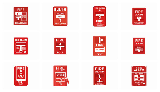 Collection of twelve red fire alarm pull station vector icons
