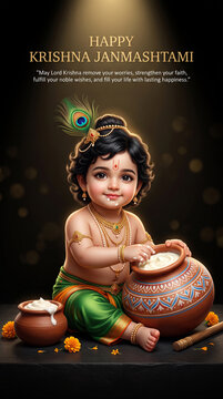Baby krishna with a peacock feather in his hair, sitting beside clay pots filled with butter against a dark background, for krishna janmashtami celebration
