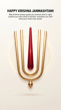 Happy krishna janmashtami greeting card featuring a 3 d golden urdhva pundra tilak symbol with a central red vertical stripe on a soft beige background