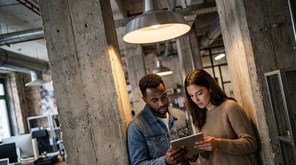 Fototapeta premium A candid portrait of a young man and woman interacting closely in a dimly lit rustic indoor setting, suggesting an intimate moment or conversation, ideal for relationship marketing materials