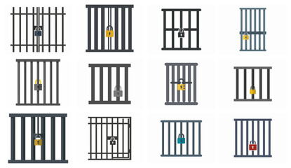 Obraz premium Collection of prison cell door icons with padlocks isolated on white background