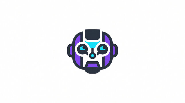 Modern purple and cyan robot head vector logo icon, symbolizing artificial intelligence, smart chatbot, virtual assistant, machine learning, and automation.