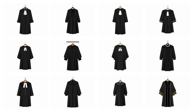 Set of black judge robes and academic gowns on hangers