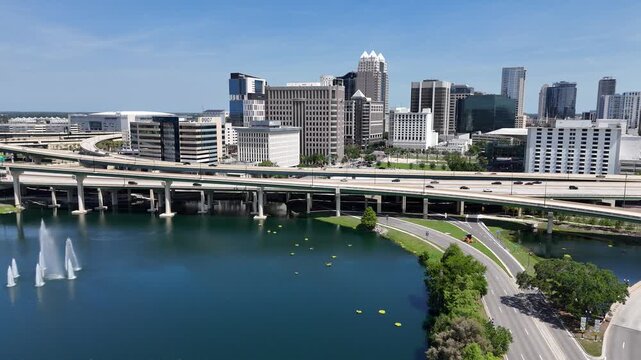 Aerial view overlooking the downtown Orlando skyline in Orange County, Orlando, Florida, USA.