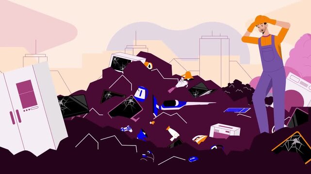 Person Standing Beside a Large Pile of Broken Electronic Devices