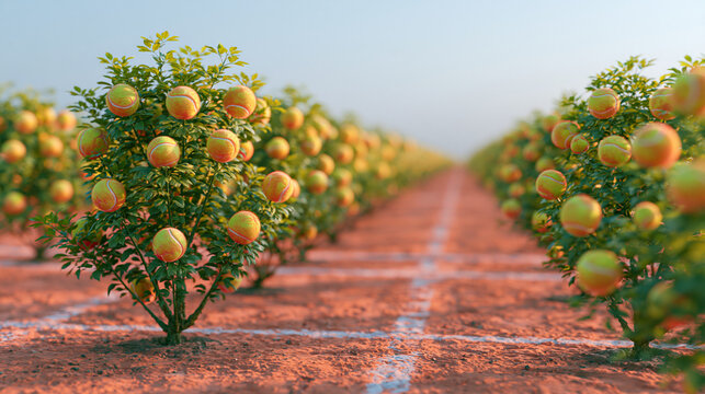 Creative agriculture orchard growing tennis balls on bushes along white lines of red clay court surface.