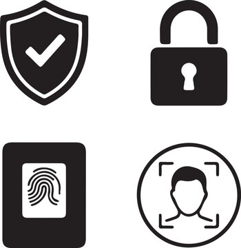 Security authentication icons set with shield, lock, fingerprint, and face scan