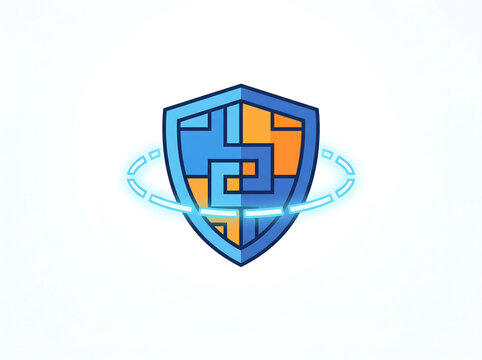 A vibrant blue and orange geometric shield logo with a glowing ring, symbolizing protection and digital security.
