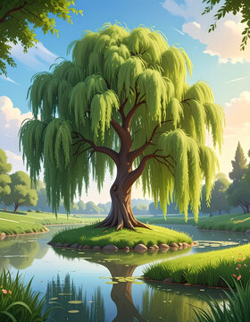 Willow tree island pond sunlight