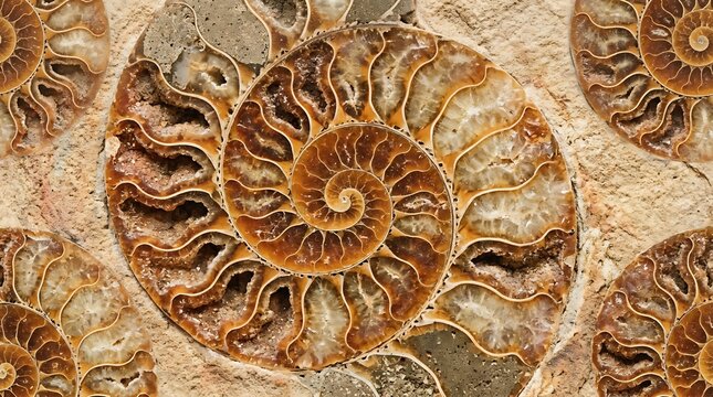 Intricate cross-section of a fossilized ammonite displaying its natural spiral pattern in earthy tones