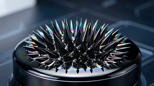 Close-up of ferrofluid spikes forming intricate patterns on a dark metallic surface, showcasing magnetic fluid dynamics