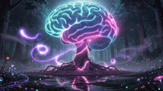 Mystical forest with a colossal vibrant tree glowing electric colors fantasy nature landscape