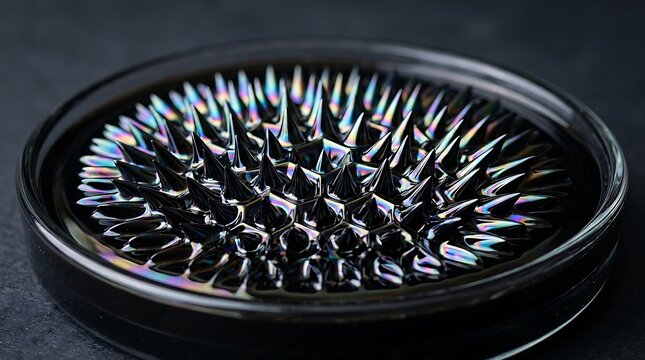 Mesmerizing ferrofluid under magnetic influence, forming intricate spiky patterns with vibrant iridescent reflections, showcasing fluid dynamics in a scientific experiment