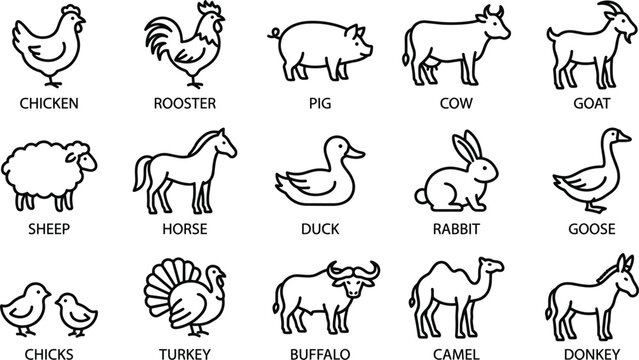 Farm animals line icon set vector black outline chicken pig cow goat sheep horse duck rabbit turkey camel donkey collection design.eps