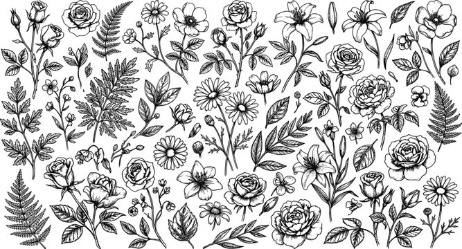 Hand drawn botanical floral element vector set black line art vintage sketch rose lily daisy fern leaf blossom collection layout.eps