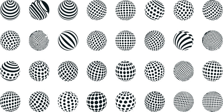Set of abstract geometric globe spheres with stripes and dots patterns