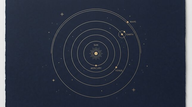 Elegant golden line art solar system map, showing planets orbiting the sun on a dark cosmic blue background, ideal for science education and astronomy designs