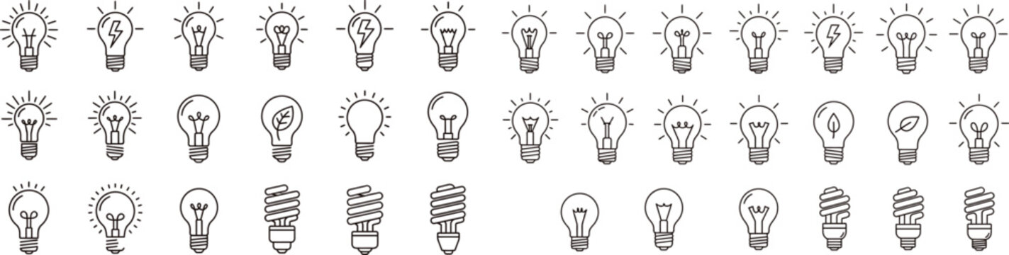 Collection of black and white light bulb icons and innovation symbols