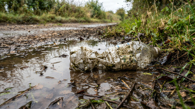 Crumpled dirty plastic water bottle floating brown muddy rainwater puddle side rural grass road environmental littering consumer plastic waste planet pollution ecological concept backdrop