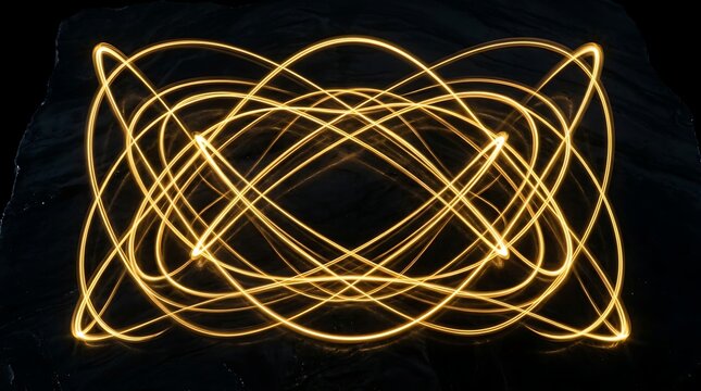 Vibrant golden light streams illuminate a dark canvas, forming an intricate abstract conceptual pattern of fluid energy and dynamic visual harmony